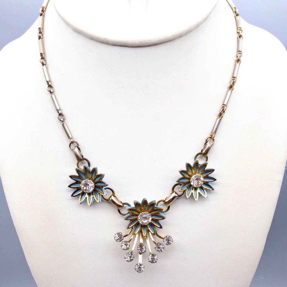 Vintage Blue Flowers Bib Choker, Gold Tone Chain Necklace with Enamel